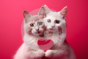 Two cats with Valentine heart in front of pink studio background
