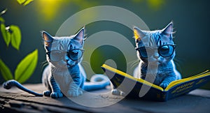 Two cats wearing glasses are reading a book. Generative AI