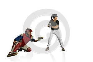 The two caucasian men baseball players playing in studi. silhouettes isolated on white background