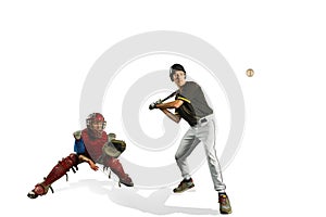 The two caucasian men baseball players playing in studi. silhouettes isolated on white background