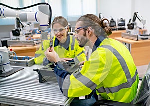 Two Caucasian professional technician or engineer workers sit in workplace and help to check and work with quality control the