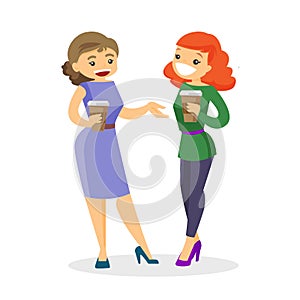 Two caucasian white business women drinking coffee