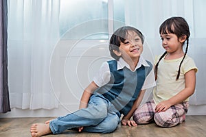 Two Caucasians brother and sister portrait. Children and kids co