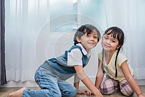Two Caucasians brother and sister portrait. Children and kids co photo