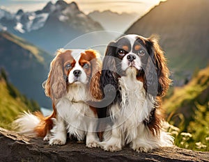 Two Cavalier King Charles Spaniels sit next to each other