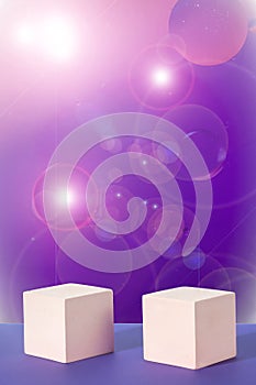 Two cement cube podiums on a gradient violet background. Mockup for the demonstration of cosmetic products. Vertical