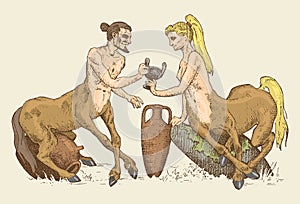 Two Centaurus sharing wine illustration, hand drawn or engraved old looking fantastic, fairytale beasts half man with