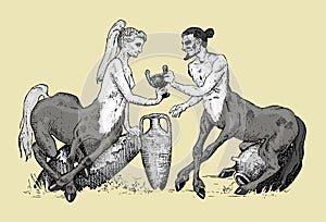 Two Centaurus sharing wine illustration, hand drawn or engraved old looking fantastic, fairytale beasts half man with photo