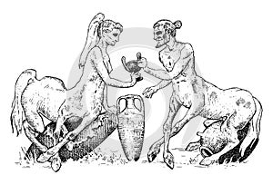 Two Centaurus sharing wine illustration, hand drawn or engraved old looking fantastic, fairytale beasts half man with photo