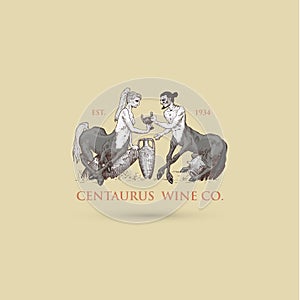 Two Centaurus sharing wine logo illustration, hand drawn or engraved old looking fantastic, fairytale beasts half man photo