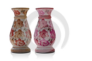 Two ceramic vases, red and pink and white ceramic vase on white background, object, decor, vintage, gift, copy space