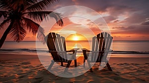 Two chairs on the beach with coco palms of a tropical island sunset. Amazing beach landscape