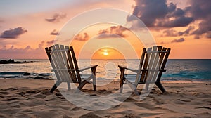 Two chairs on the beach with coco palms of a tropical island sunset. Amazing beach landscape