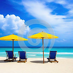 Two chairs and beach umbrella at the beach with blue ocean and sky