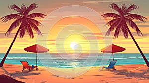 Two chairs and a beach umbrella on the sand at sunset, AI
