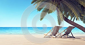 Two chairs on the beach under palm tree summer background