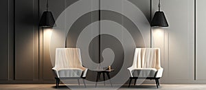 Two chairs in a dimly lit room with dark walls photo
