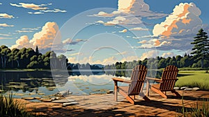 Two chairs on a dock overlooking a lake. Generative AI.