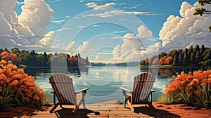 Two chairs on a dock overlooking a lake. Generative AI. photo