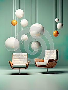 two chairs elegantly placed alongside a 3D design element against a backdrop of simple, minimalist design