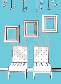 Two chairs with empty frames in blue interior