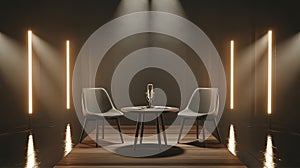 Two chairs and microphone setup interview podcast