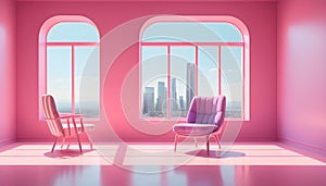 two chairs in a pink room with windows and city view