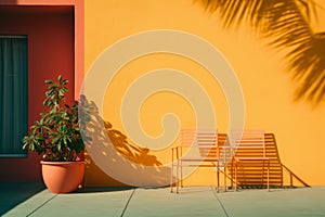 two chairs and a potted plant in front of an orange wall