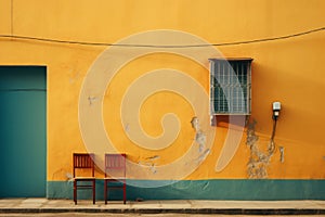 two chairs sit against a yellow wall in front of a blue door