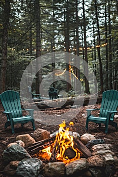 Two chairs sitting around a fire pit in the woods, AI