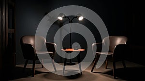 Two chairs and spotlights in podcast or interview room. Generative AI