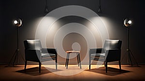 Two chairs and spotlights in podcast or interview room. Generative AI