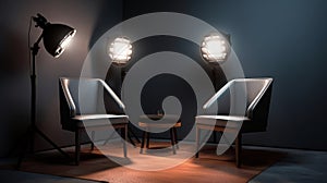 Two chairs and spotlights in podcast or interview room. Generative AI