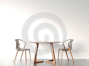 Two chairs and table in bright modern interior. 3d rendering