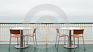 Two chairs and a table on a deck overlooking the ocean, AI