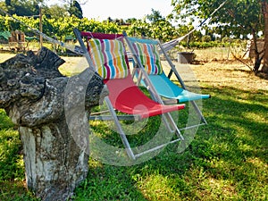 Two chairs two colors setting in the garden with coloured sunbathing cushions