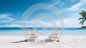 Two chairs wait for tourists to relax on the quiet beach.AI Generated