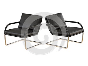 Two chairs worn black leather on a metal base on a white background 3d rendering