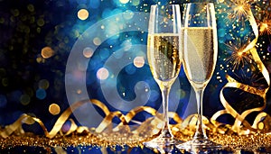 Two Champagne Flutes With Golden Bokeh Light On Blue Abstract Background - Generative Ai