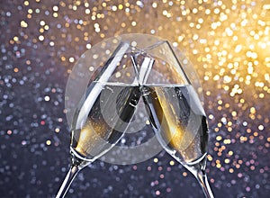 Two champagne flutes with golden bubbles on light bokeh background