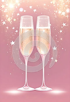 two champagne flutes with sparkles, shine effects, glitters, fireworks blast and stars arround it