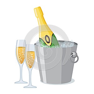 Two champagne glass and bottle of champagne in ice bucket icon in flat style.