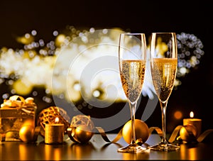 two champagne glasses against holiday lights and fireworks - new year celebration