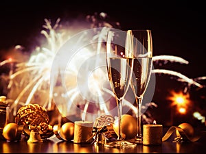 two champagne glasses against holiday lights and fireworks - new year celebration