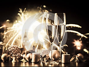 two champagne glasses against holiday lights and fireworks - new year celebration