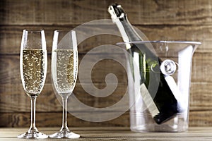 Two champagne glasses with champagne bottle and ice bucket II