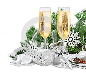 Two Champagne glasses with Christmas decorations