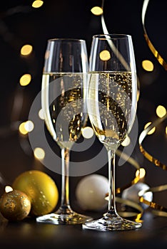 Two champagne glasses and christmas decorations on a dark festive background. Happy New Year