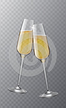 Two champagne glasses. Christmas toast symbol, cheers xmas and wedding selebration. Clink realistic 3d wineglasses