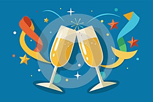 Two champagne glasses clinking together with streamers and stars in the background, Champagne toast Customizable Semi Flat